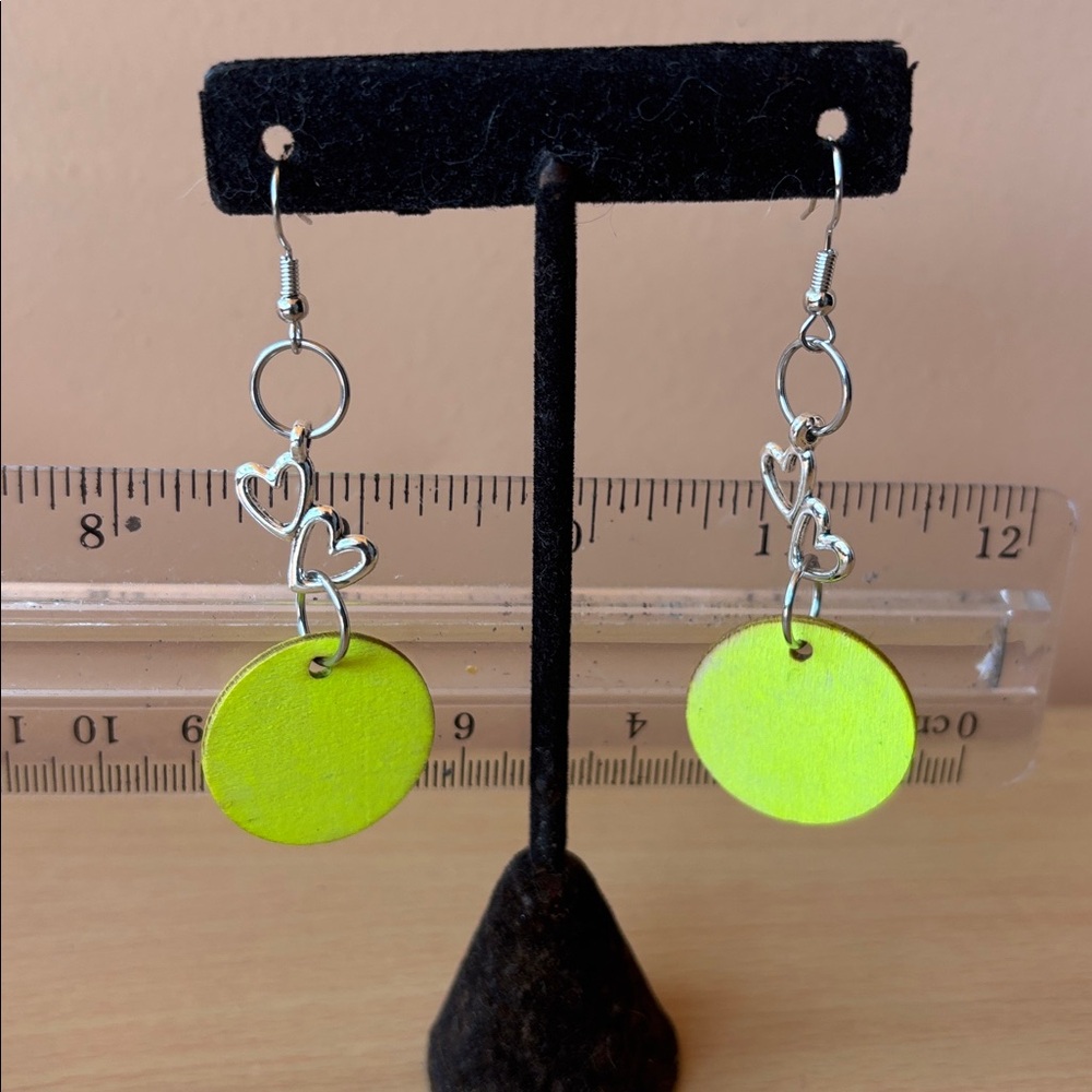 Handmade Neon Yellow Heart Drop Earrings - Silver-tone